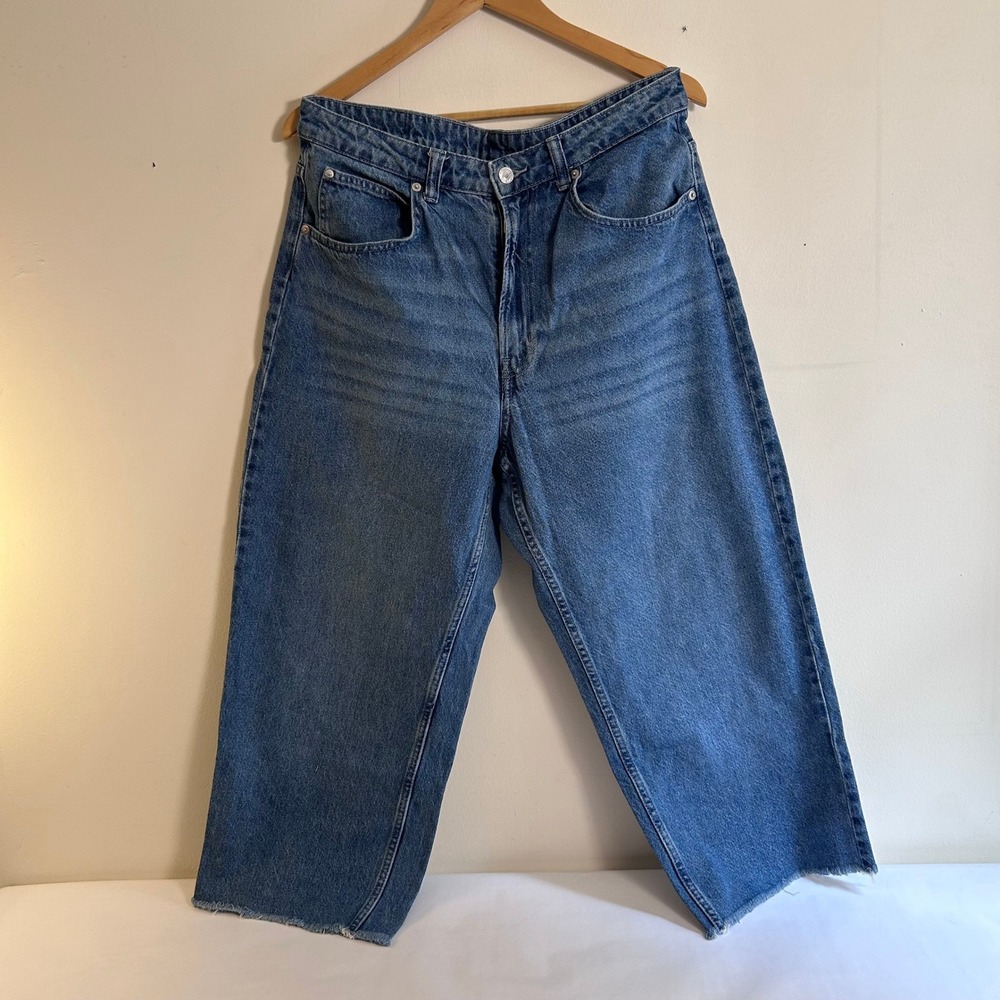 H&M‎ &Denim 90s Baggy Jeans Womens 12 Blue Ultra High Waist Raw Hem Wide Leg